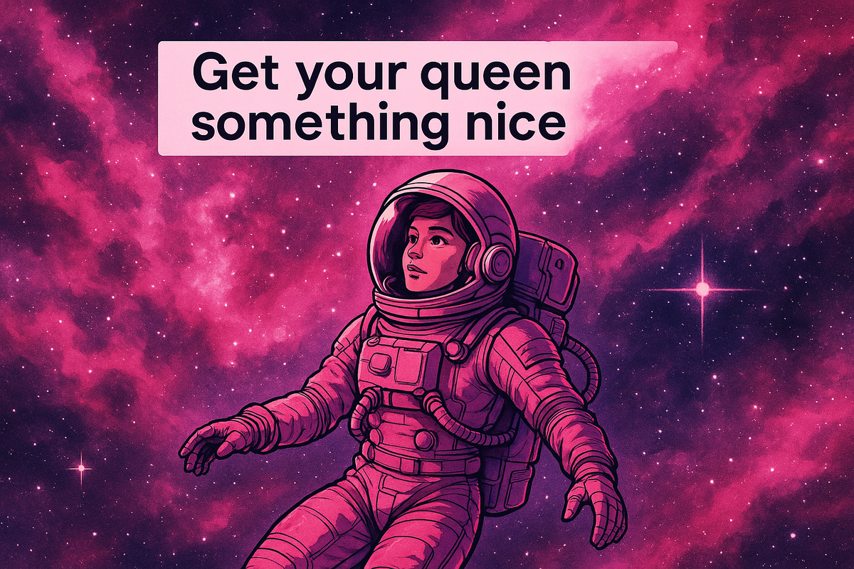 a cool background of a pink sky outer space theme with a female astronaut with a text box over her head saying "Get your queen something nice"