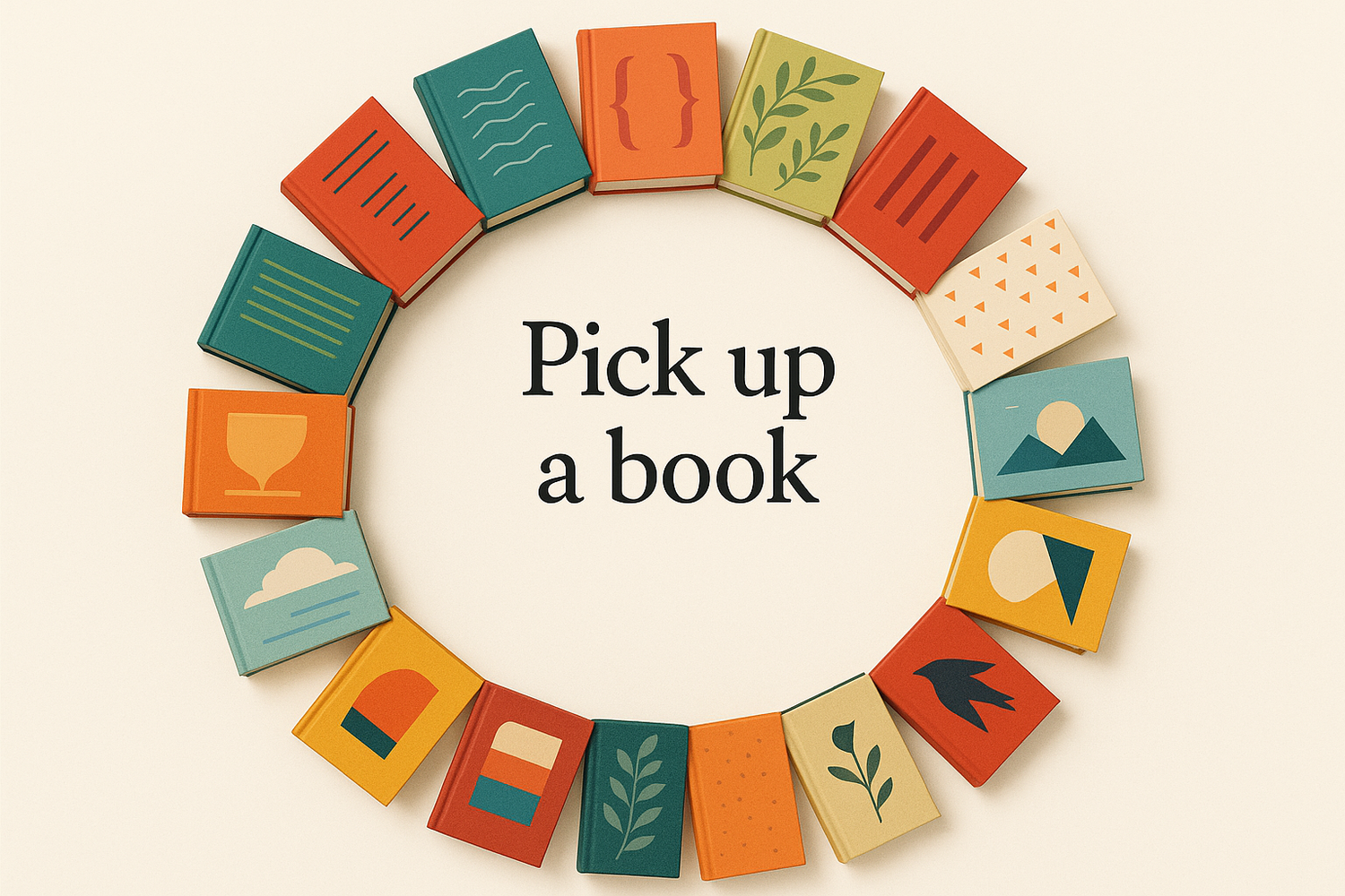 Books lay out flat in a circle with the words in the middle saying "Pick up a book"