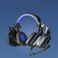 Gaming headset with LED lighting on a blue grid background