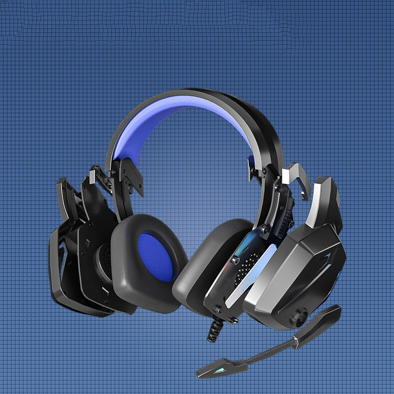 Gaming headset with LED lighting on a blue grid background