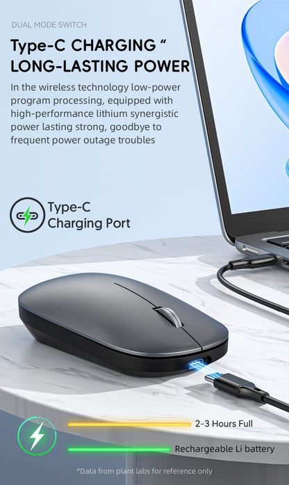Black wireless mouse with Type-C charging port on a desk next to a laptop.
