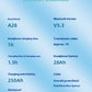 Product parameters chart on a light blue gradient background, showing model A28, Bluetooth version V5.3, charging times of 1h and 1.