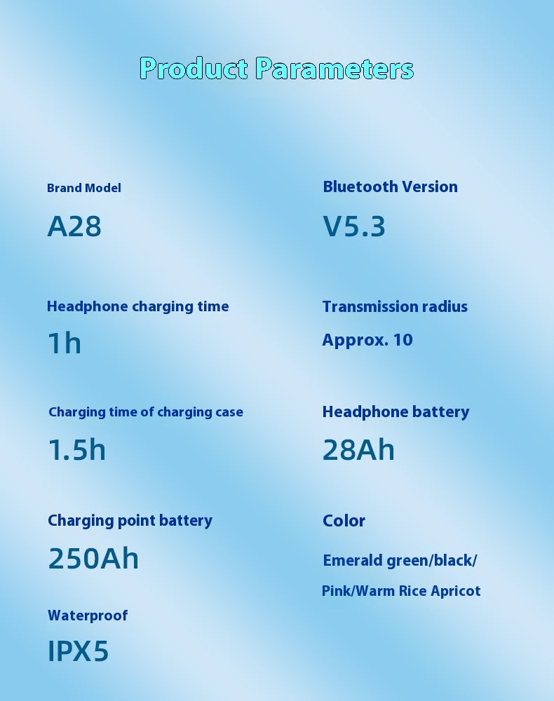 Product parameters chart on a light blue gradient background, showing model A28, Bluetooth version V5.3, charging times of 1h and 1.