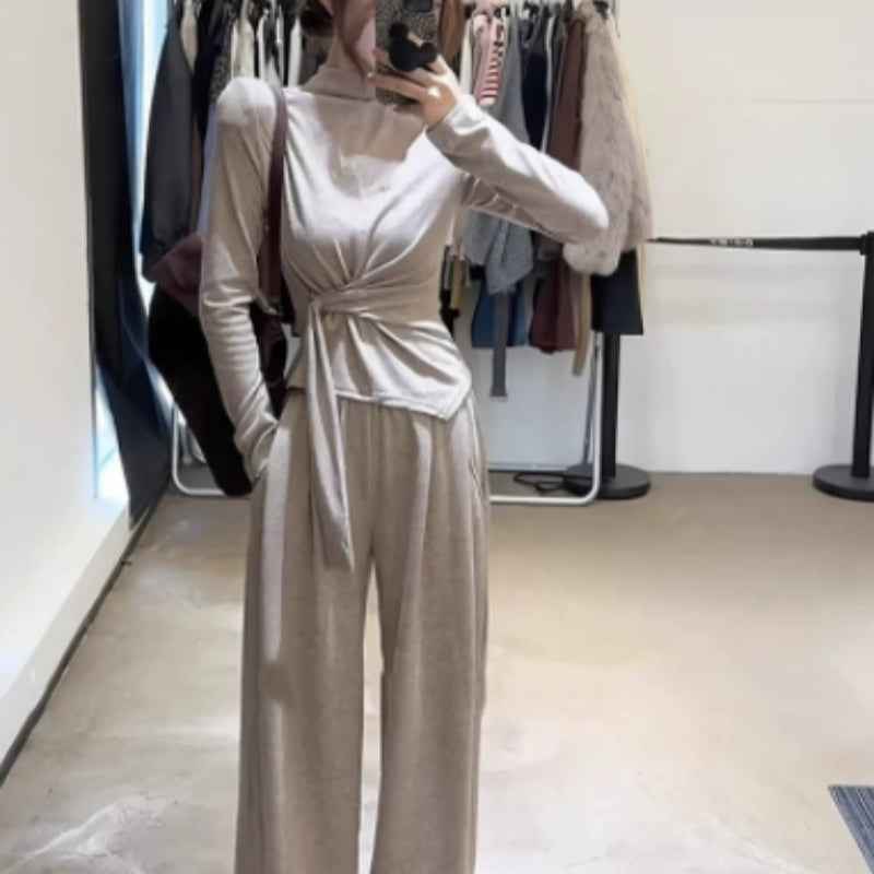 Design-inspired Strap-wrapped Fitted Long-sleeved Top With Wide-leg Pants Set