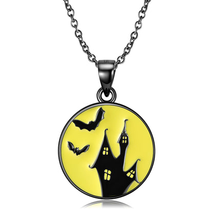 Halloween Ghost House S925 Sterling Silver Black Gold Pendant Necklace