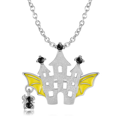 S925 Sterling Silver Bat Castle Necklace – Halloween Gothic Pendant Gift