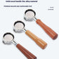 Three portafilter-style coffee brewing tools with metal heads and wooden handles in different wood tones, arranged diagonally on a light gray background with descriptive text above.