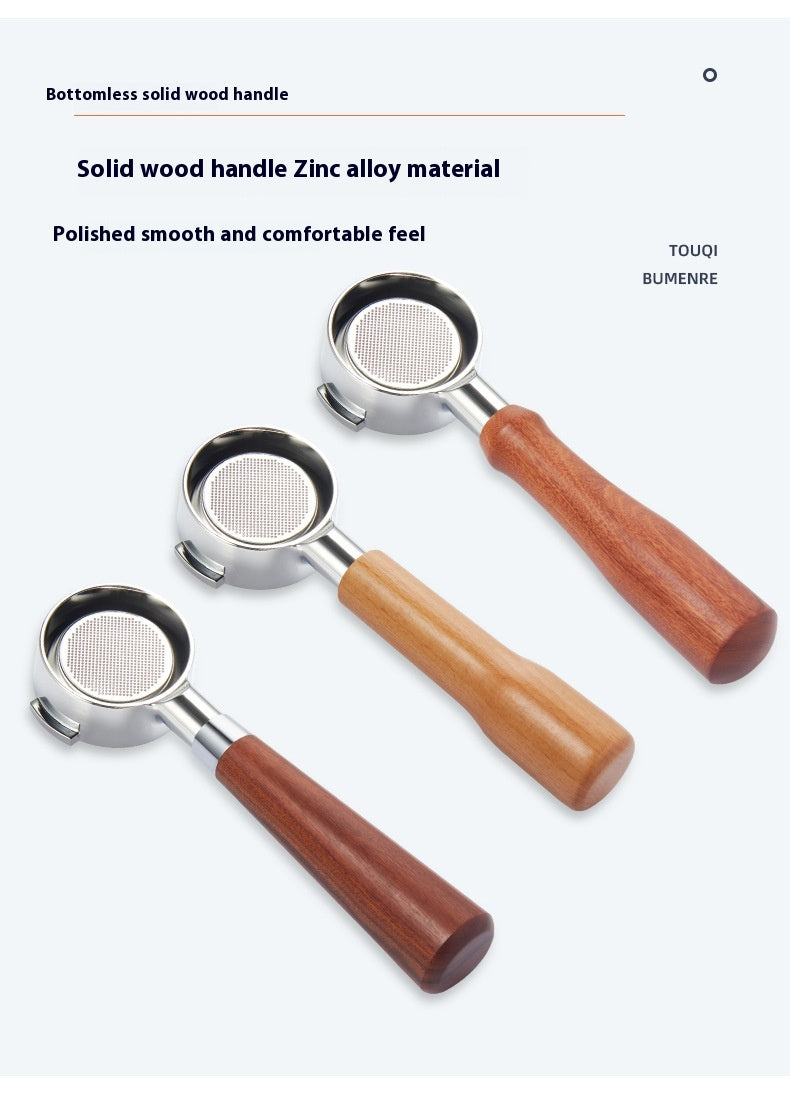 Three portafilter-style coffee brewing tools with metal heads and wooden handles in different wood tones, arranged diagonally on a light gray background with descriptive text above.