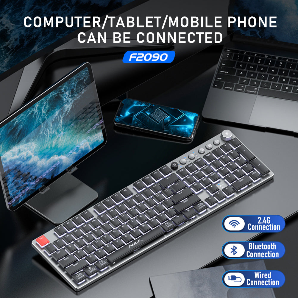 Keyboard with connectivity options displayed on a dark surface