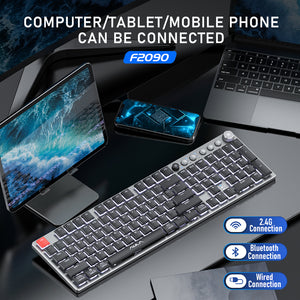 Keyboard with connectivity options displayed on a dark surface