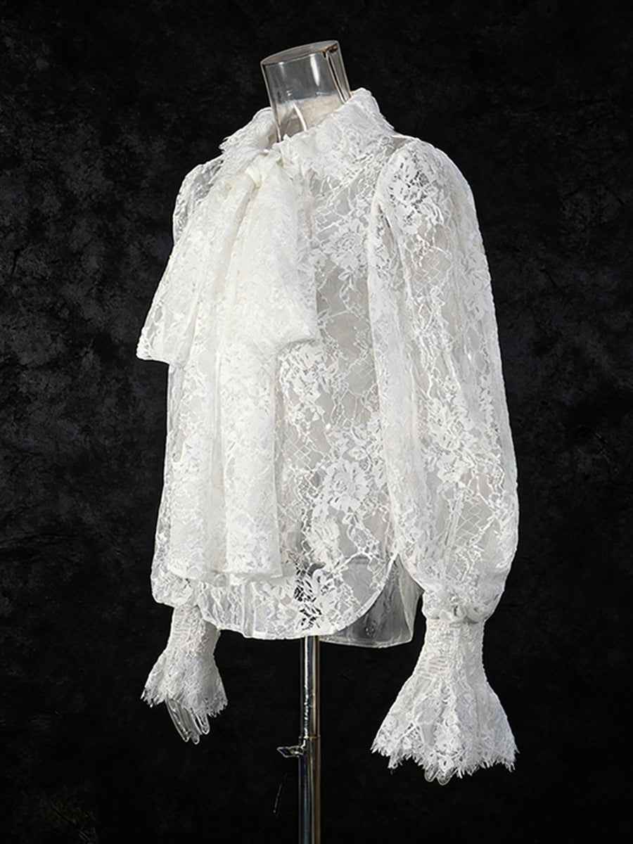 Lantern Sleeve Bow Tie Lace Embroidered Shirt