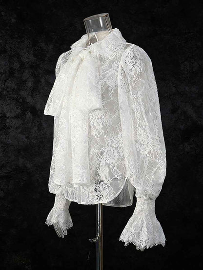 Lantern Sleeve Bow Tie Lace Embroidered Shirt