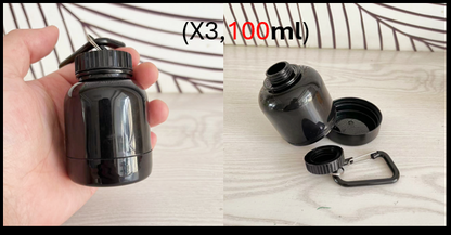BPA-Free Keychain Protein Powder Bottle | 100ml PP | Built-In Funnel Base | Carabiner Clip | Pre-Load & Pour | 1–5 Pack | Black
