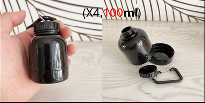 BPA-Free Keychain Protein Powder Bottle | 100ml PP | Built-In Funnel Base | Carabiner Clip | Pre-Load & Pour | 1–5 Pack | Black