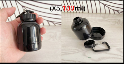 BPA-Free Keychain Protein Powder Bottle | 100ml PP | Built-In Funnel Base | Carabiner Clip | Pre-Load & Pour | 1–5 Pack | Black