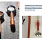 A coffee brewing accessory set shown in a two-panel collage. The left panel shows two portafilter-style handles with wooden handles and metal filter baskets on a gray wood surface, one filled with coffee grounds.