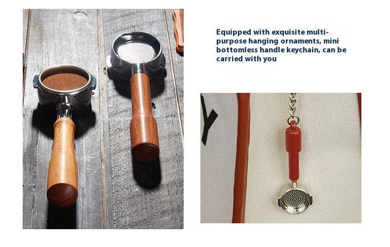 A coffee brewing accessory set shown in a two-panel collage. The left panel shows two portafilter-style handles with wooden handles and metal filter baskets on a gray wood surface, one filled with coffee grounds.