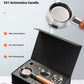 Coffee handle gift box set featuring an open black presentation box with a metal portafilter and accessories, alongside a loose metal portafilter and a small keychain accessory on a clean white background with product text.
