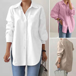 Solid-color Split-neck Long-sleeve Shirt
