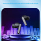 Black and silver wireless earbuds floating above a circular speaker-like base with glowing blue and purple audio bars on a dark background, with marketing text at the top reading 'Immersive surround sound' and 'Immerse yourself in the world of music and let the melody flow like a waterfall.'.