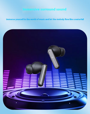 Black and silver wireless earbuds floating above a circular speaker-like base with glowing blue and purple audio bars on a dark background, with marketing text at the top reading 'Immersive surround sound' and 'Immerse yourself in the world of music and let the melody flow like a waterfall.'.