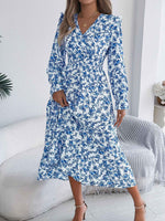 Women's Elegant Floral Print Cross V Neck Tie Waist Ruffle Maxi Dress