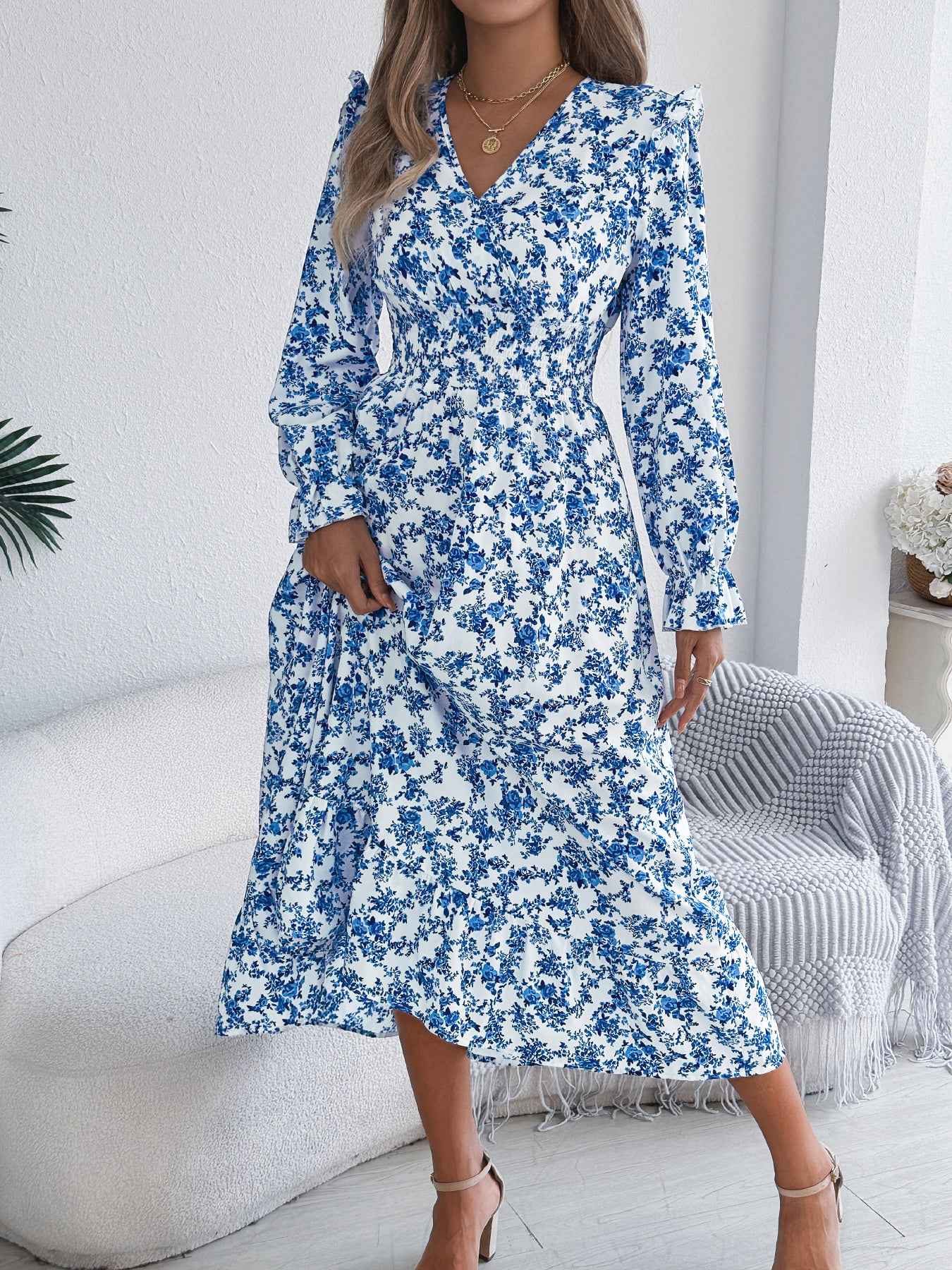 Women's Elegant Floral Print Cross V Neck Tie Waist Ruffle Maxi Dress
