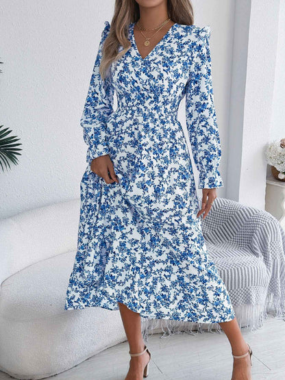 Women's Elegant Floral Print Cross V Neck Tie Waist Ruffle Maxi Dress