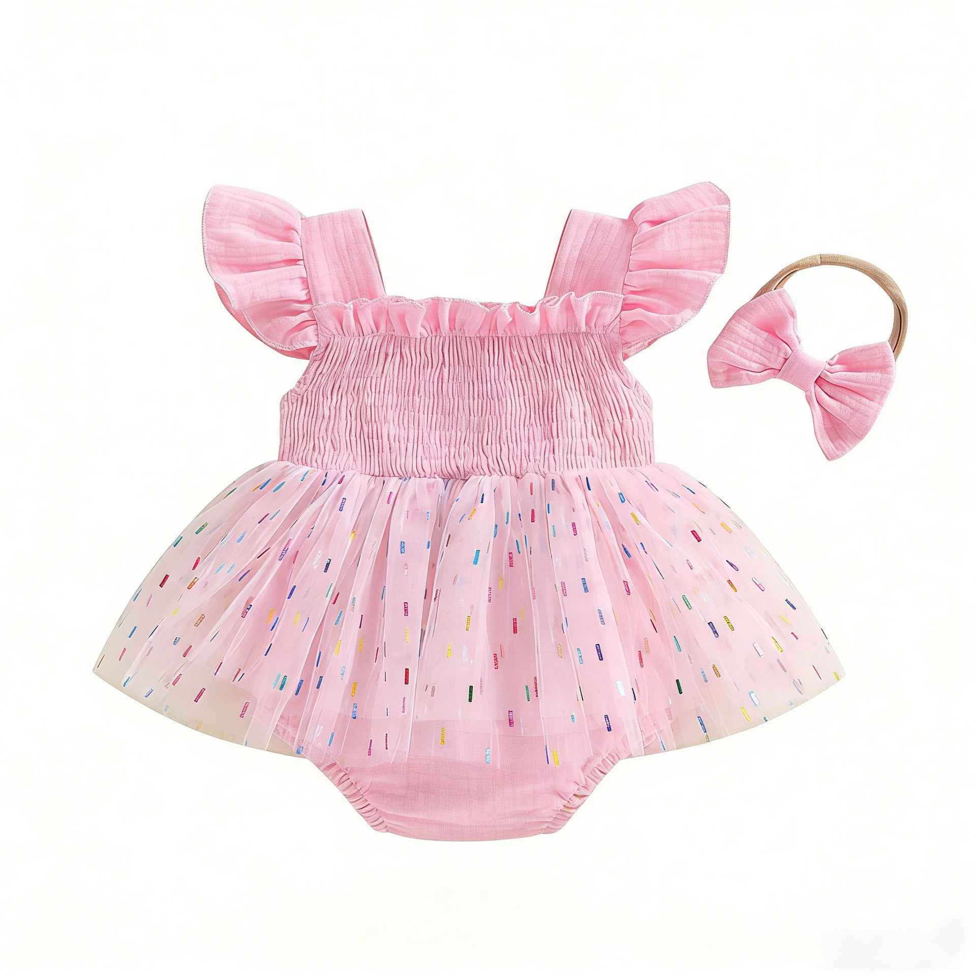 Girls And Infants Mesh Romper With A Tulle Skirt And Bow
