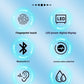 Product features infographic on a light blue gradient background with six circular icons and text: fingerprint touch, LED power digital display, Bluetooth 5.3, lossless noise reduction, comfortable to wear, and waterproof and sweat-proof.