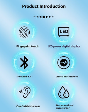 Product features infographic on a light blue gradient background with six circular icons and text: fingerprint touch, LED power digital display, Bluetooth 5.3, lossless noise reduction, comfortable to wear, and waterproof and sweat-proof.