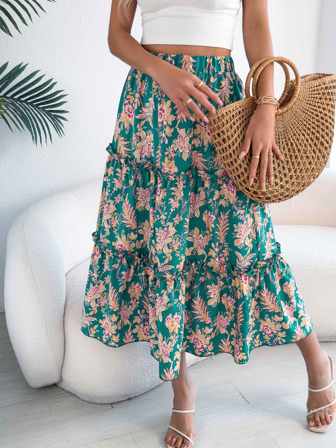 Women's Casual Floral Print Ruffle Trim Midi Beach Skirt