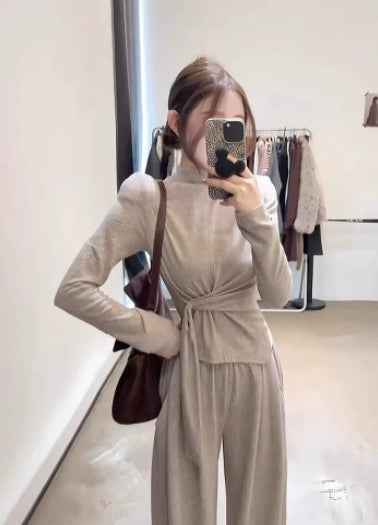Design-inspired Strap-wrapped Fitted Long-sleeved Top With Wide-leg Pants Set