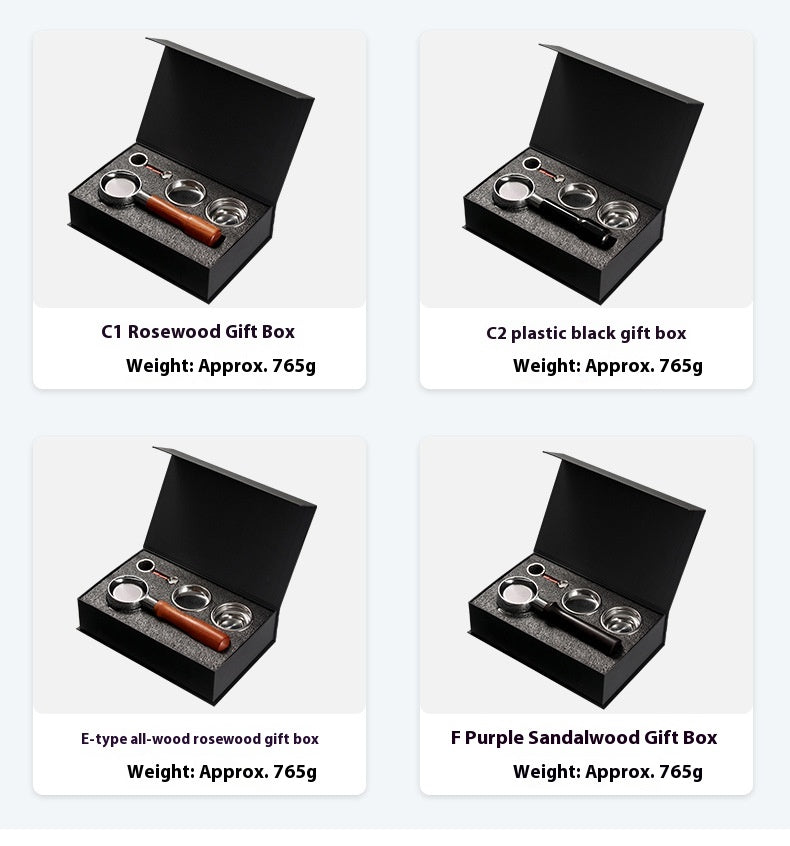 Four gift box options arranged in a 2x2 grid on a light background, each labeled with a model name and weight: C1 Rosewood Gift Box, C2 plastic black gift box, E-type all-wood rosewood gift box, and F Purple Sandalwood Gift Box. Each box is shown open with a black foam insert holding a small cylindrical product with metal ends.