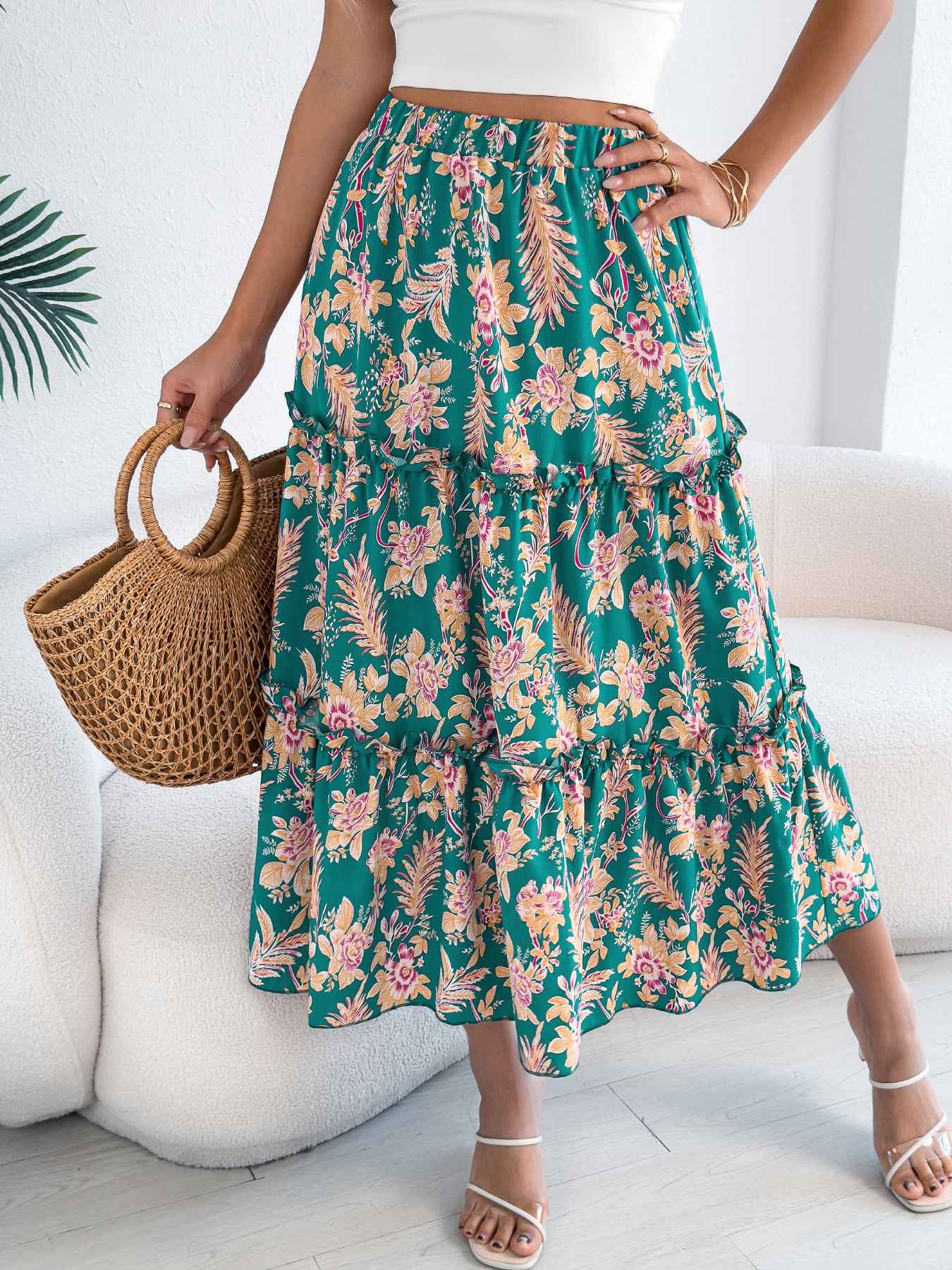 Women's Casual Floral Print Ruffle Trim Midi Beach Skirt