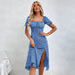 Floral Print Dress Summer Sweet Youth-Enhancing Square-Neck Long Dress