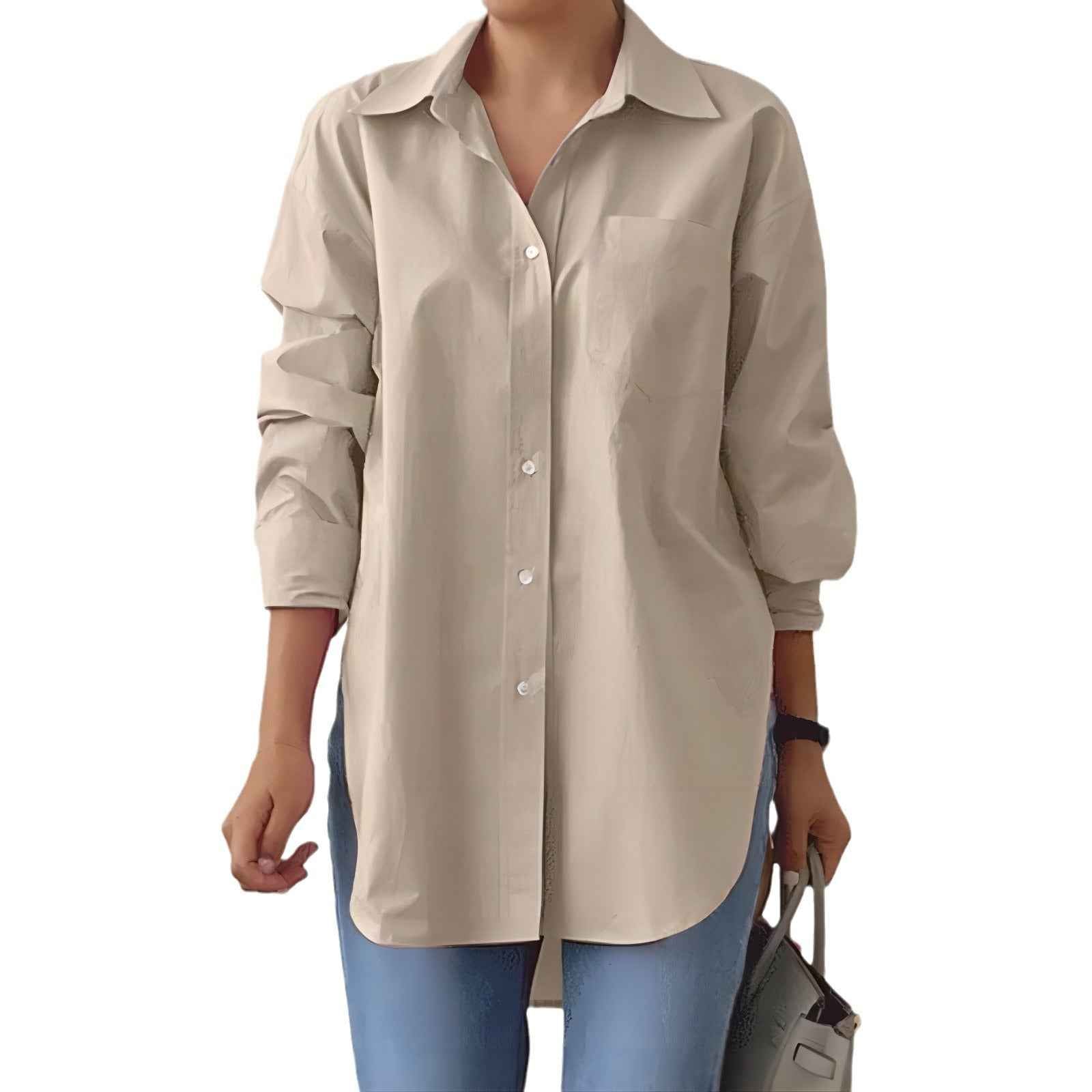 Solid-color Split-neck Long-sleeve Shirt