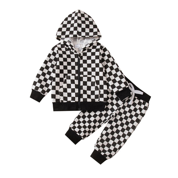 Babyset (hoodie met rits en broek) – Katoenen uniseks trainingspak | Zwart-wit, lichtblauw-wit | 6M–4J
