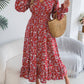 Women's Elegant Floral Print Cross V Neck Tie Waist Ruffle Maxi Dress