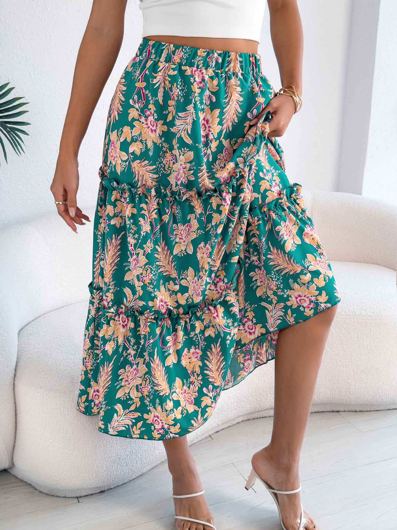 Women's Casual Floral Print Ruffle Trim Midi Beach Skirt