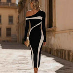 Black And White Color-block Knitted Off-shoulder Long-sleeve Dress