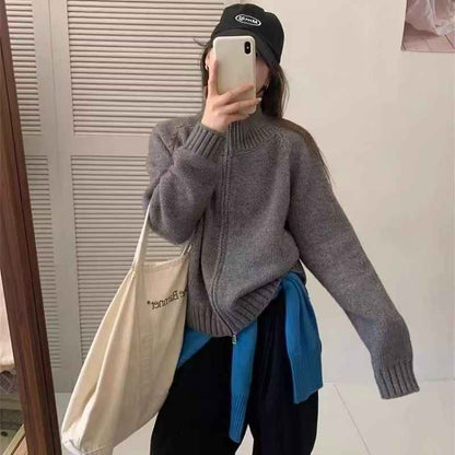 Loose-fitting Simple Stand-collar Laid-back Knit Cardigan Top