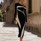 Black And White Color-block Knitted Off-shoulder Long-sleeve Dress