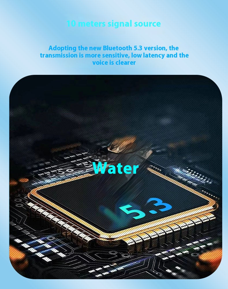 A promotional graphic for a Bluetooth 5.3 water-resistant chip, showing a close-up of a gold and black processor on a circuit board with the words 'Water' and 'Bluetooth 5.