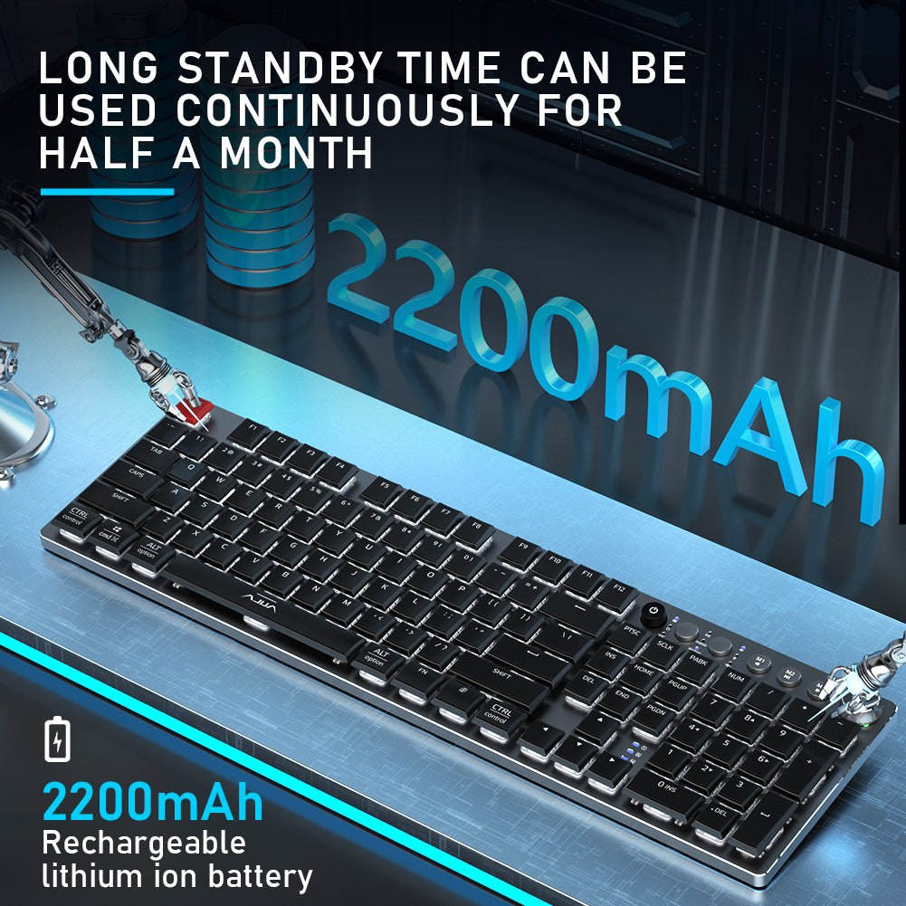 Black keyboard with 2200mAh rechargeable lithium ion battery on a reflective surface