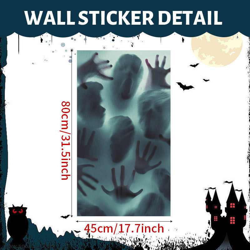 Halloween wall sticker detail showing a rectangular sheet of transparent window film with printed ghostly hand and face silhouettes, labeled 80cm by 45cm, with a dark decorative border and spooky illustrations.