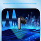 A single wireless earbud is shown floating over a blue digital wave and city graphic with marketing text above reading 'Lossless noise reduction' and a smaller descriptive line about subwoofer and treble.