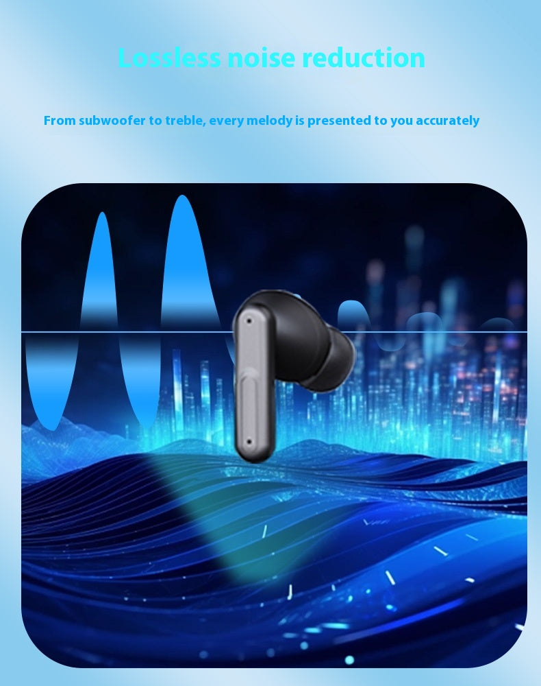 A single wireless earbud is shown floating over a blue digital wave and city graphic with marketing text above reading 'Lossless noise reduction' and a smaller descriptive line about subwoofer and treble.