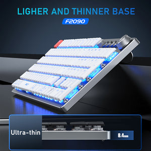 Ultra-thin keyboard with blue LED lights on a dark background, featuring the brand 'F2090'.