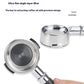 A close-up of a metal portafilter with a dark gray handle and mesh filter, shown alongside a second view of the same filter. A human hand is holding the handle, and text at the top describes the ultra-fine single-layer filter.
